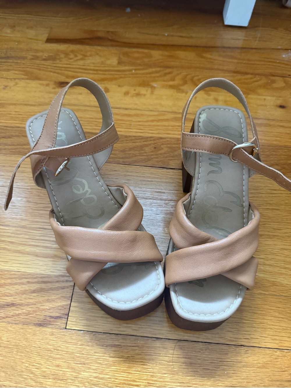 NWOT Sam Edelman Womens Tan Platform Sandals with Block Wood Heel - Picture 2 of 5